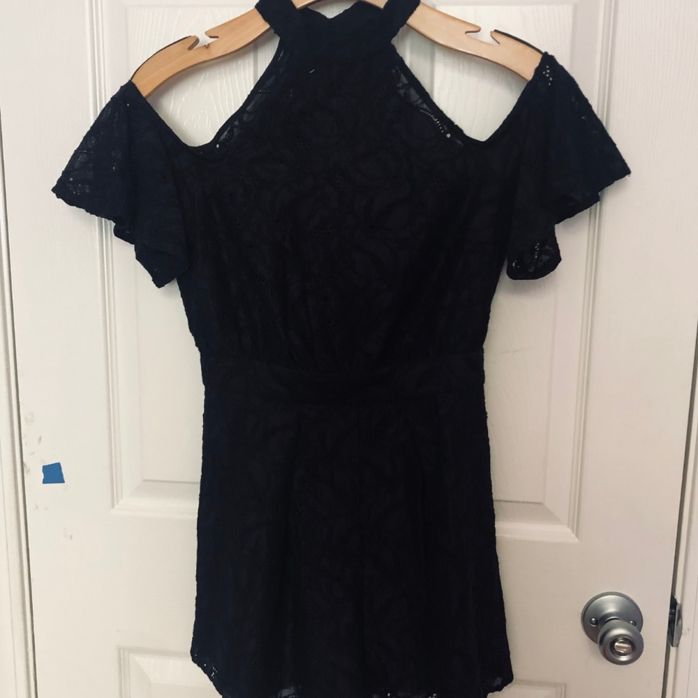 BCBG Black Embroidered Off-The-Shoulder Romper